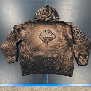 Custom Bleached Black Hoodie Seed of Life symbol Gildan Large